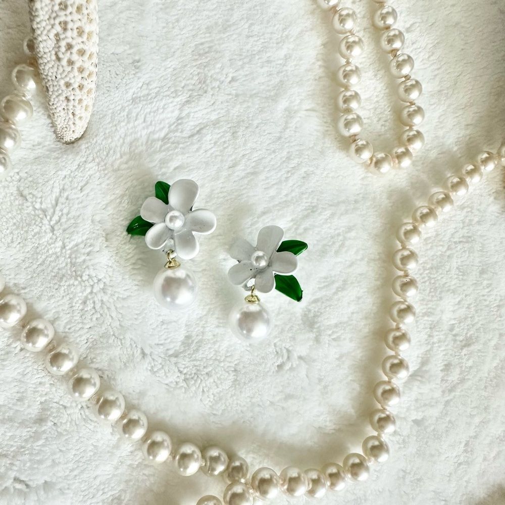 White orange blossom flower with pearl dangle earrings